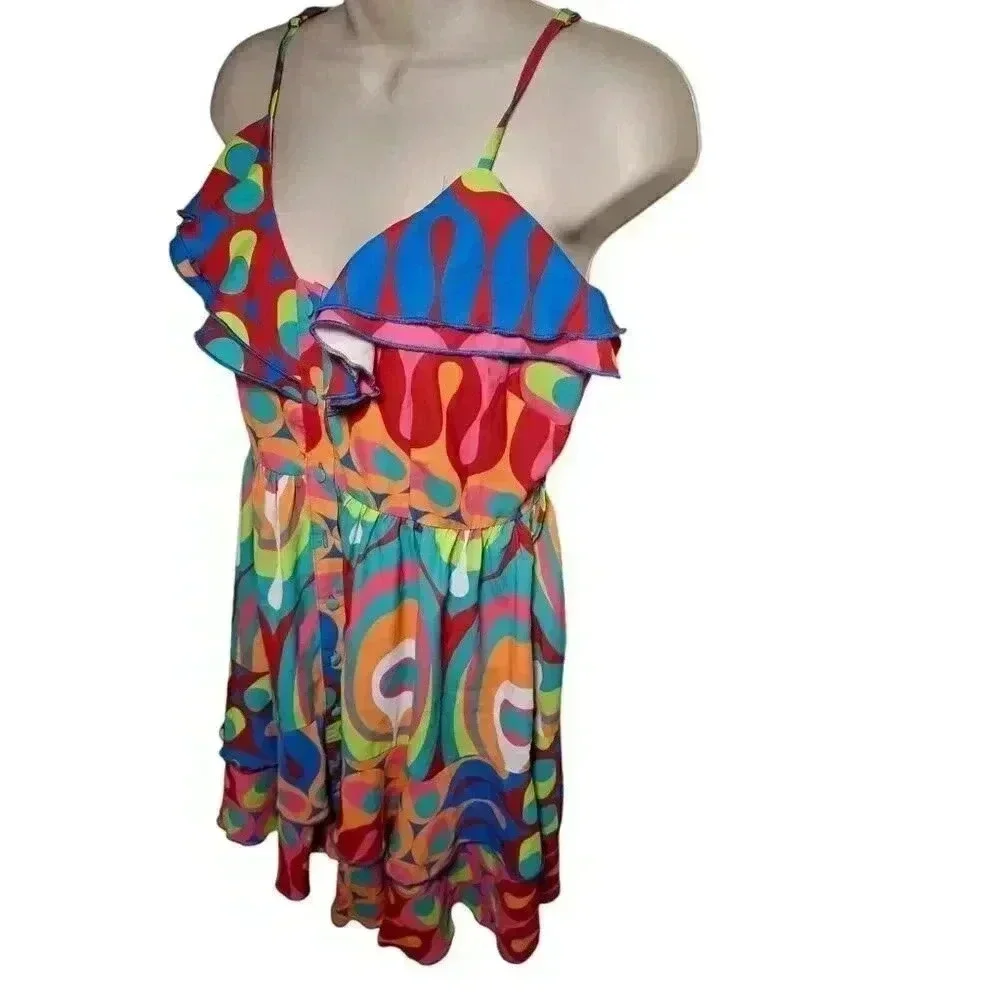 Vintage Psychedelic Ruffle Mini Dress Y2K Festival Rave Coachella S